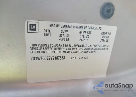 2000 Chevrolet Impala z USA, uszkodzony, nr VIN 2G1WF55E2Y9187553